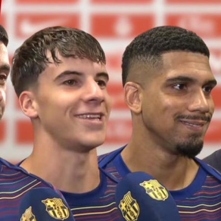 The reactions of Joan Garcia, Jofre Torrents, Araujo and Hansi Flick after the triumphal beginning (0-3) in Son Moix