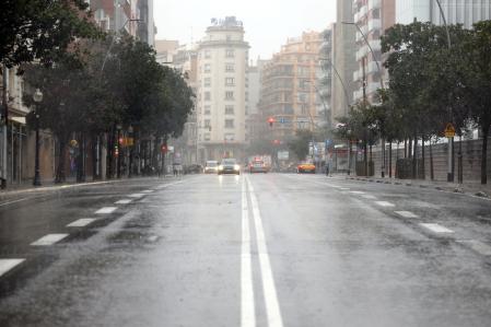 View of a street in the center of Barcelona under a strong downpour
