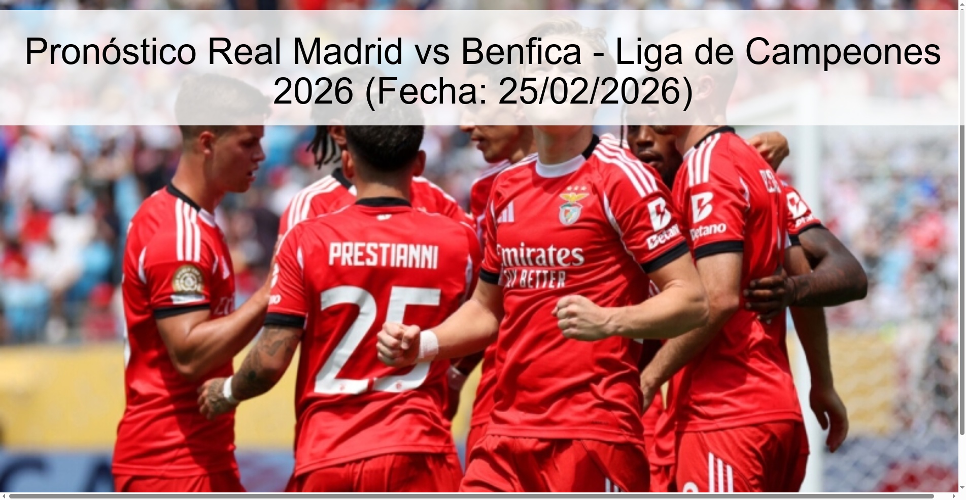 Pronóstico Real Madrid vs Benfica - Liga de Campeones 2026 (Fecha: 25/02/2026)